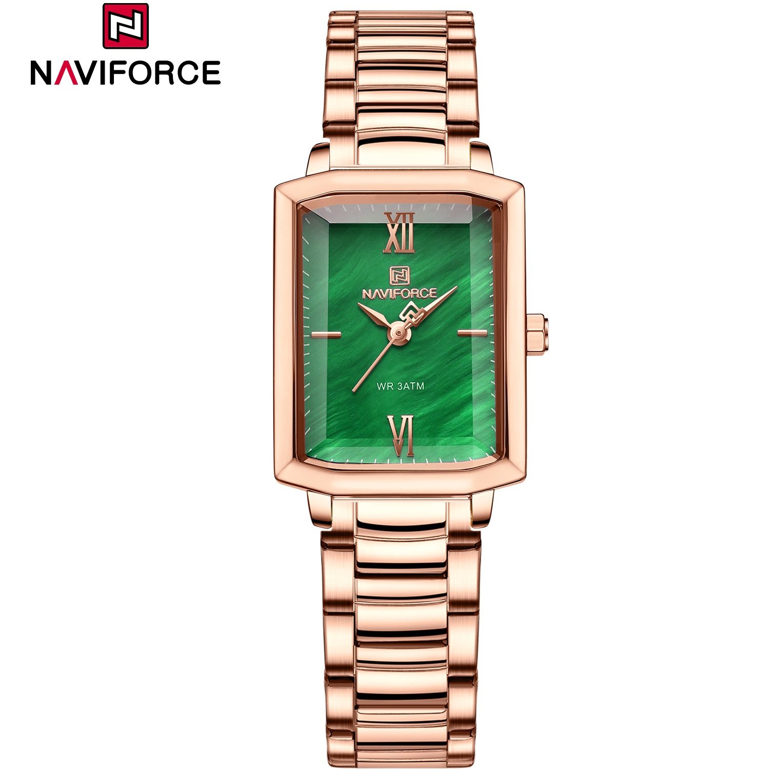 ساعت مچی زنانه Naviforce مدل NF5039 | بند فلزی رزگلد، صفحه سبز | کلاسیک و رسمی