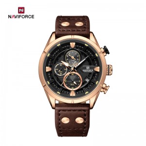ساعت مچی مردانه Naviforce مدل NF8045 | بند چرمی قهوه ای تیره، صفحه مشکی، قاب رزگلد | اسپرت و کورنوگراف