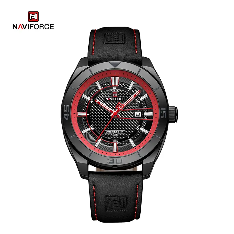 ساعت مچی مردانه Naviforce مدل NF9209 | بند چرمی مشکی، صفحه قرمز مشکی |اسپرت