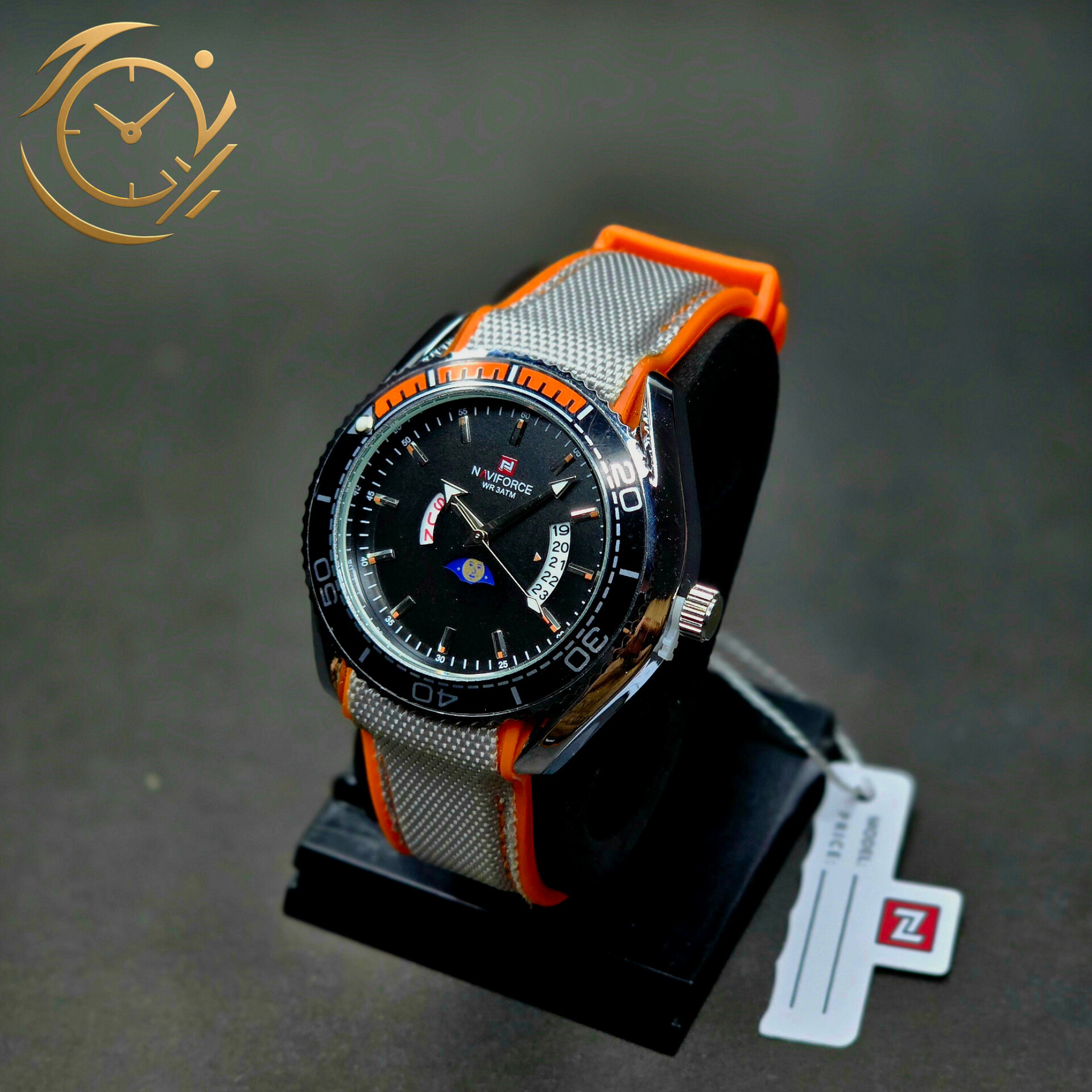 ساعت مچی مردانه Naviforce مدل NF9724 | بند پلاستیکی نارنجی و برزنتی سفید، صفحه مشکی، فول تایم و بزل گردان | اسپرت