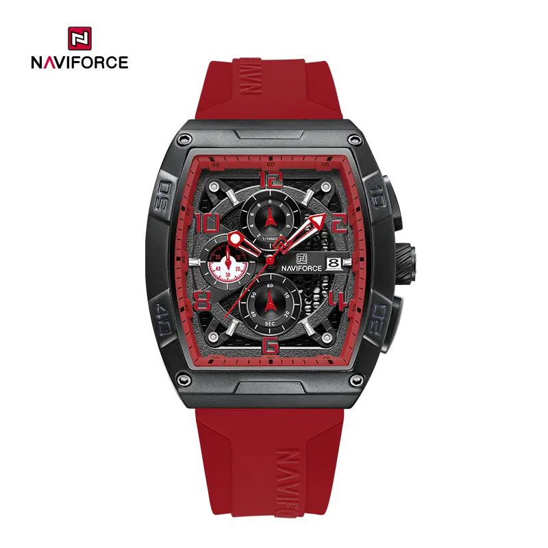 ساعت مچی مردانه Naviforce مدل NF۸۰۵۲ | بند سیلیکونی قرمز، صفحه مشکی |اسپرت و کورنوگراف