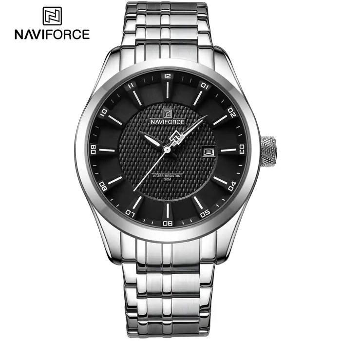 ساعت مچی مردانه Naviforce مدل NF8032 | بند استیل، صفحه مشکی، تاریخ دار