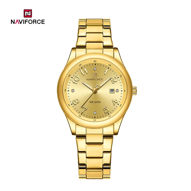 ساعت مچی زنانه Naviforce مدل NF5059 | بند استیل طلایی، صفحه طلایی، تاریخ دار