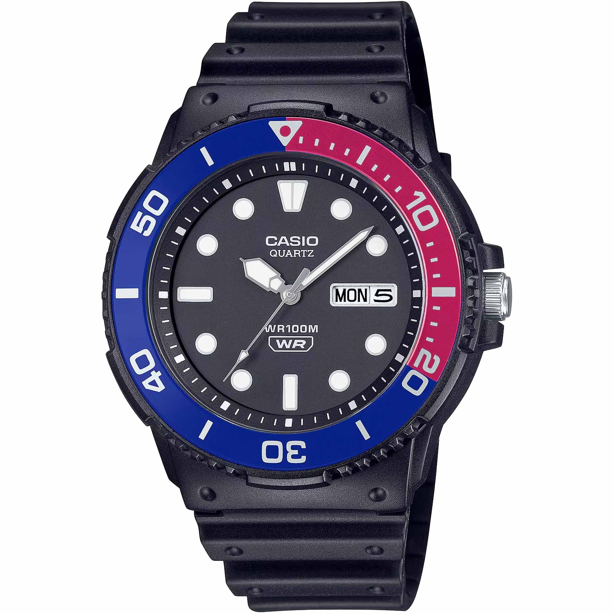 ساعت مچی مردانه Casio مدل MRW-230H-1E2VDF | بند رزینی مشکی ،صفحه مشکی، قاب آبی قرمز | اسپرت و مقاوم