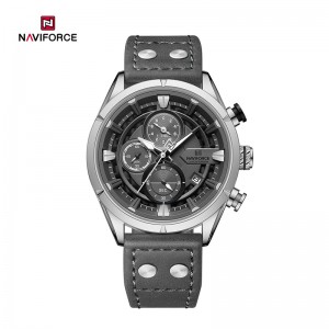 ساعت مچی مردانه Naviforce مدل NF8045 | بند چرمی خاکستری، صفحه خاکستری، قاب نقره ای | اسپرت و کورنوگراف