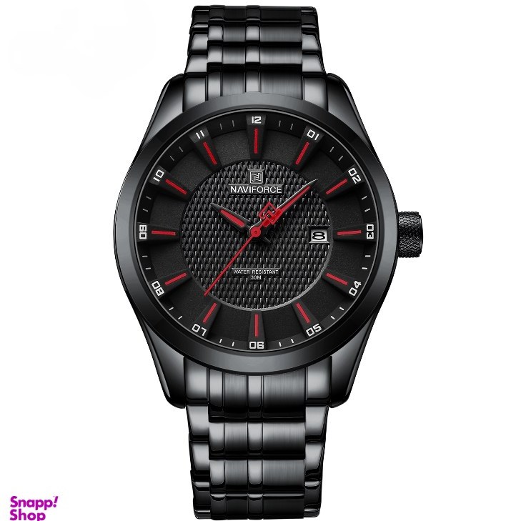 ساعت مچی مردانه Naviforce مدل NF8032 | بند استیل مشکی، صفحه مشکی قرمز، تاریخ دار