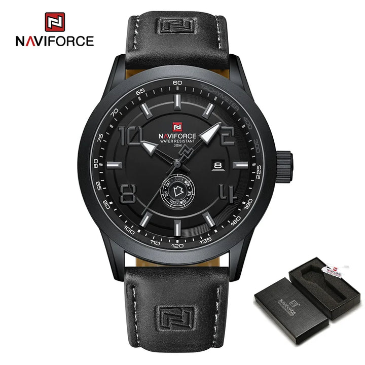 ساعت مچی مردانه Naviforce مدل NF9229 | بند چرمی مشکی، صفحه مشکی | اسپرت و فول تایم