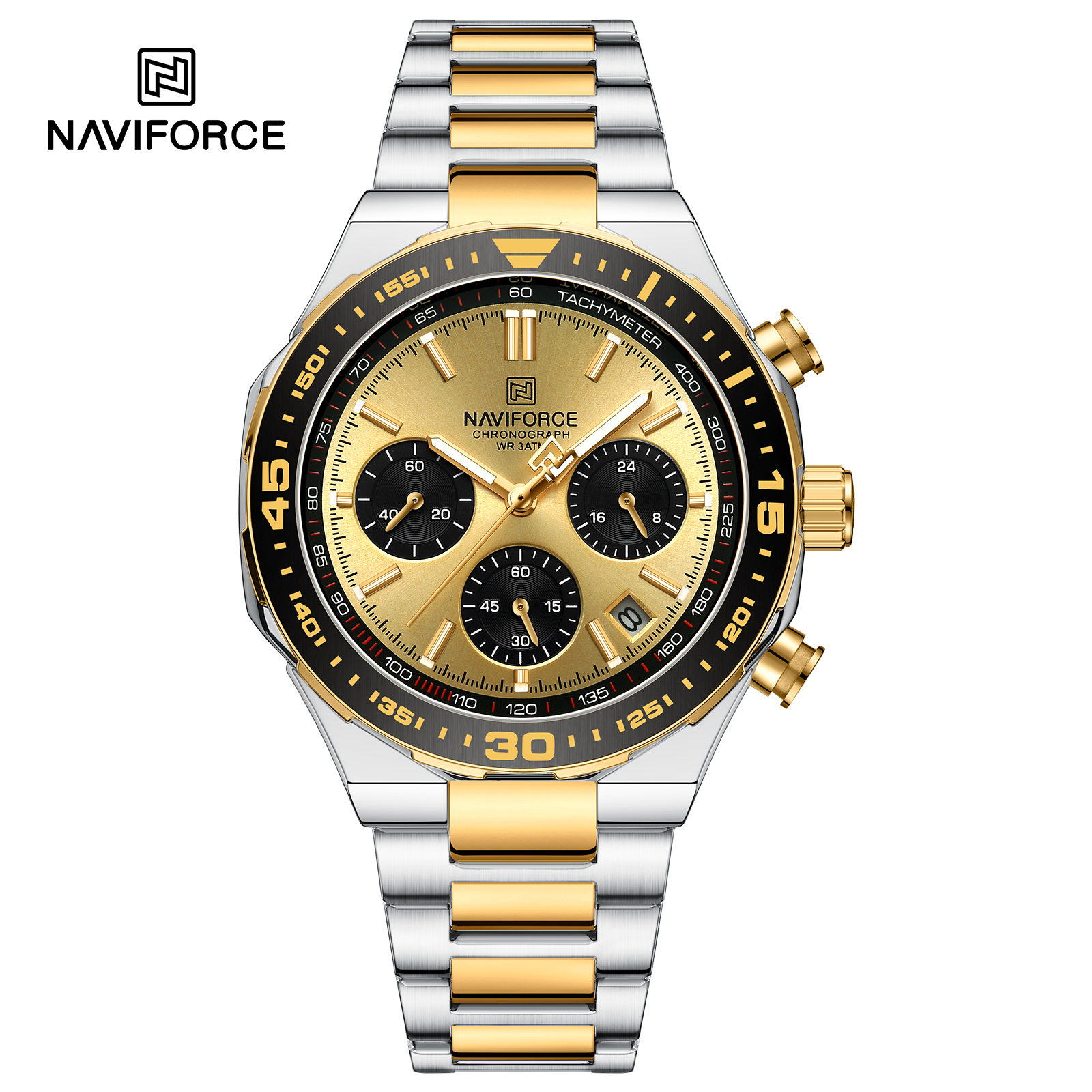 ساعت مچی مردانه Naviforce مدل NF8049 | بند استیل نقره ای طلایی، صفحه طلایی، سه موتور فعال