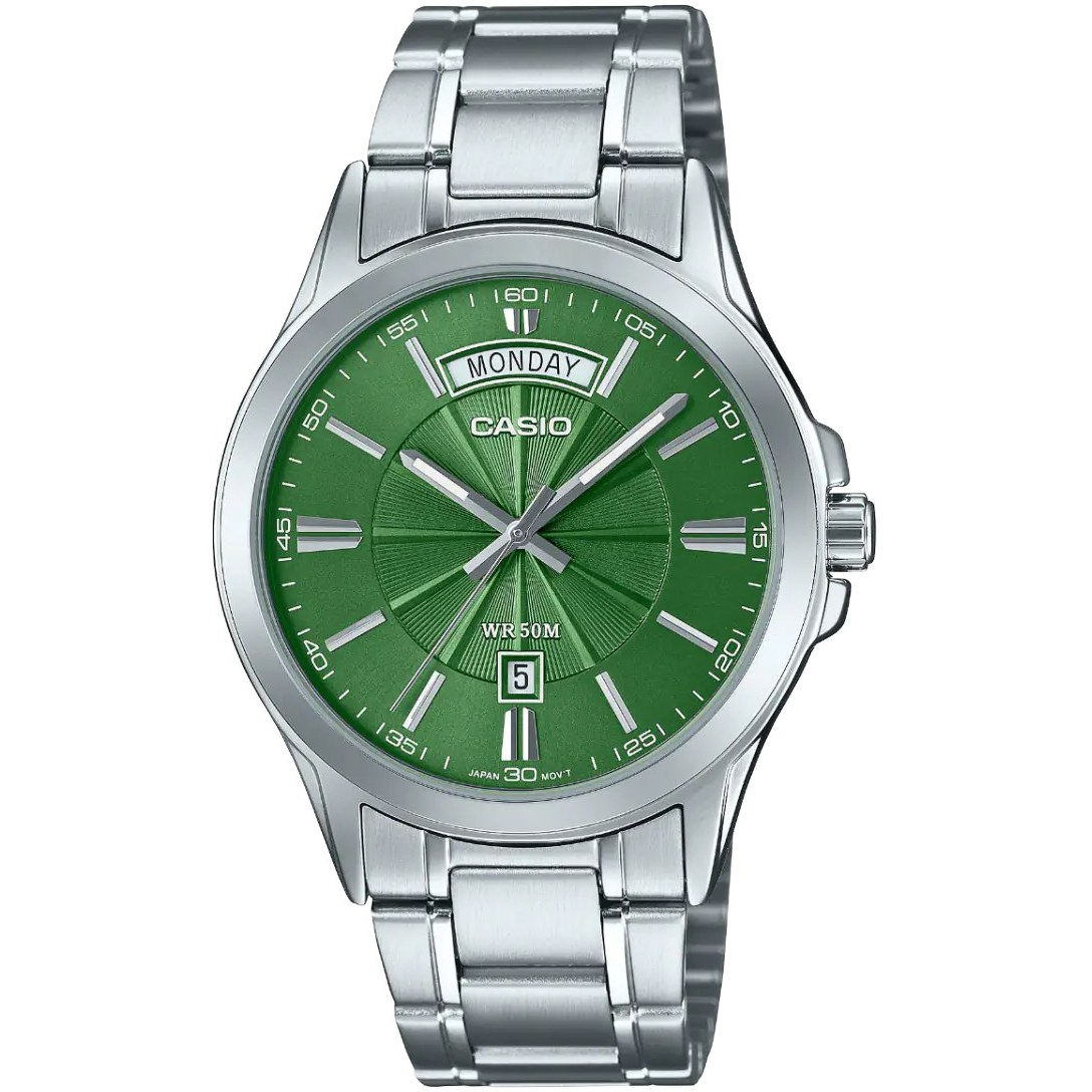 ساعت مچی مردانه Casio مدل MTP-1381D-3a | بند استیل نقره‌ای با صفحه سبز| کلاسیک
