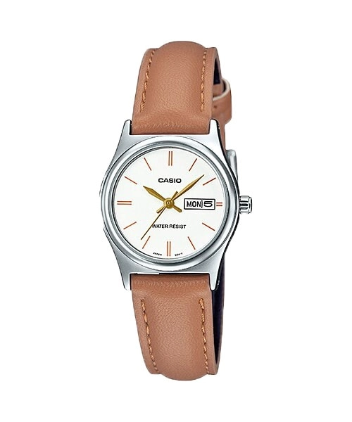 ساعت مچی زنانه Casio مدل LTP-V006L-7B2UDF | بند چرم قهوه ای و صفحه سفید کلاسیک