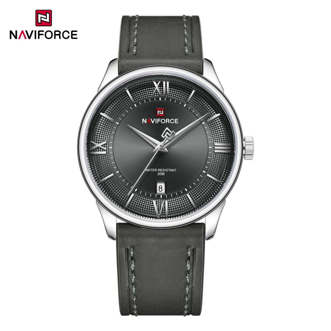 ساعت مچی مردانه Naviforce مدل NF9272 | بند چرم خاکستری، صفحه خاکستری |کلاسیک و رسمی