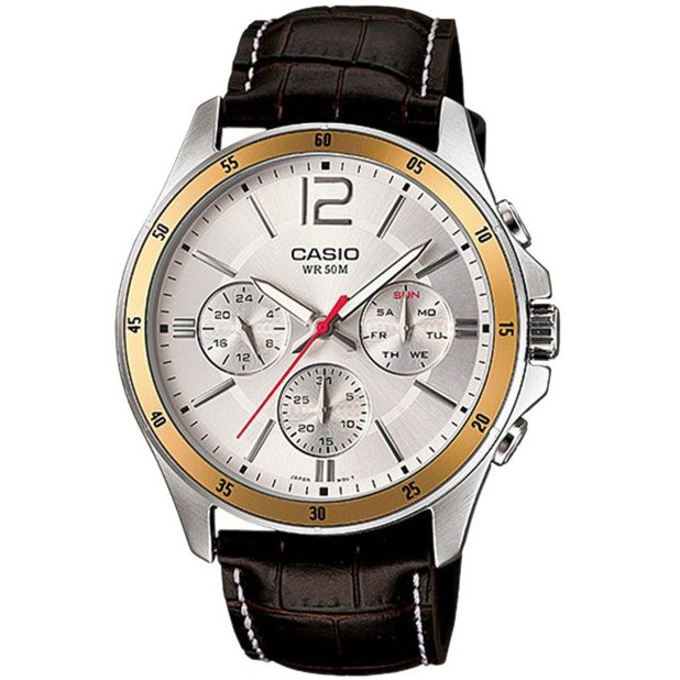 ساعت مچی مردانه Casio مدل MTP-1374L-7AVDF | بند چرمی قهوه ای با صفحه سفید| سه موتور فعال