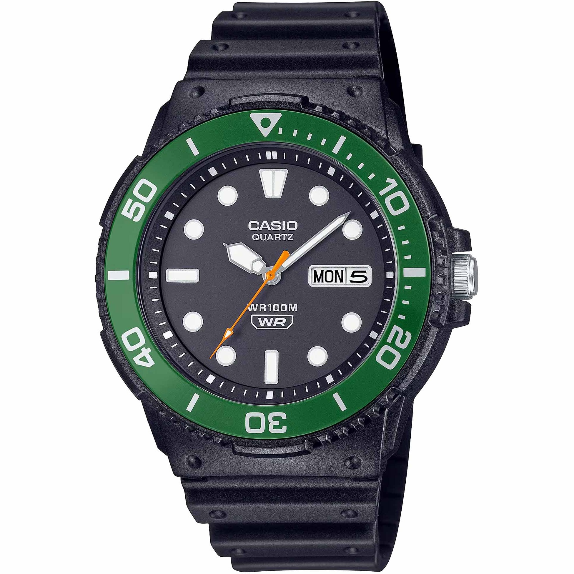 ساعت مچی مردانه Casio مدل MRW-230H-1E3VDF | بند رزینی مشکی ،صفحه مشکی، قاب سبز | اسپرت و مقاوم