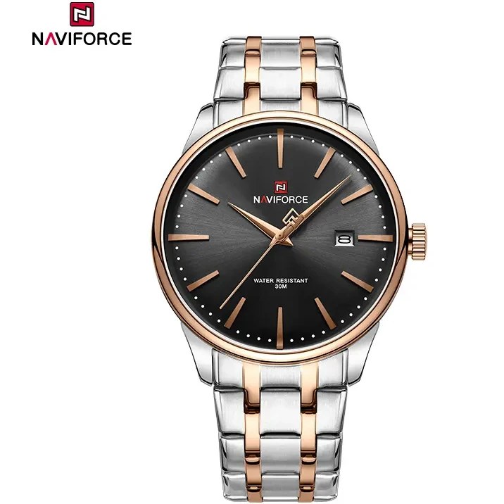 ساعت مچی مردانه Naviforce مدل NF9230 | بند استیل نقره ای رزگلد، صفحه مشکی | رسمی و کلاسیک