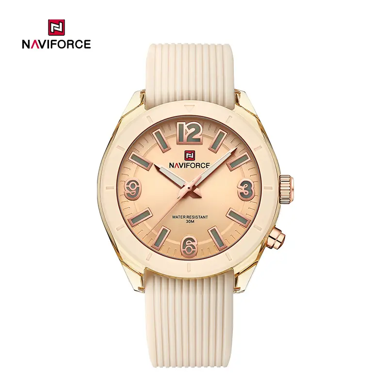 ساعت مچی زنانه Naviforce مدل NF7103 | بند سیلیکونی کرم، صفحه کرم| اسپرت