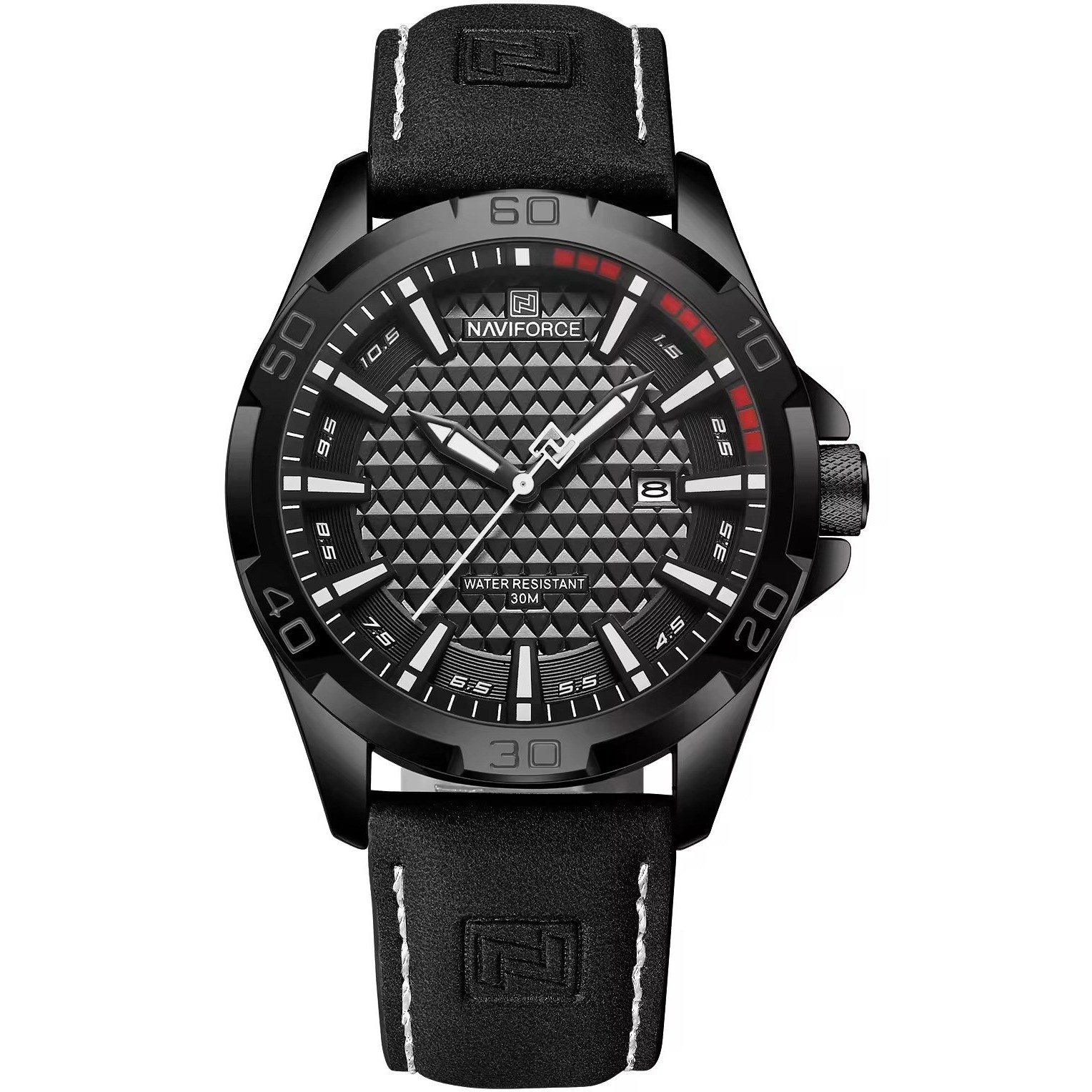 ساعت مچی مردانه Naviforce مدل NF8023 | بند چرمی مشکی، صفحه مشکی، قاب مشکی، نمایش تاریخ