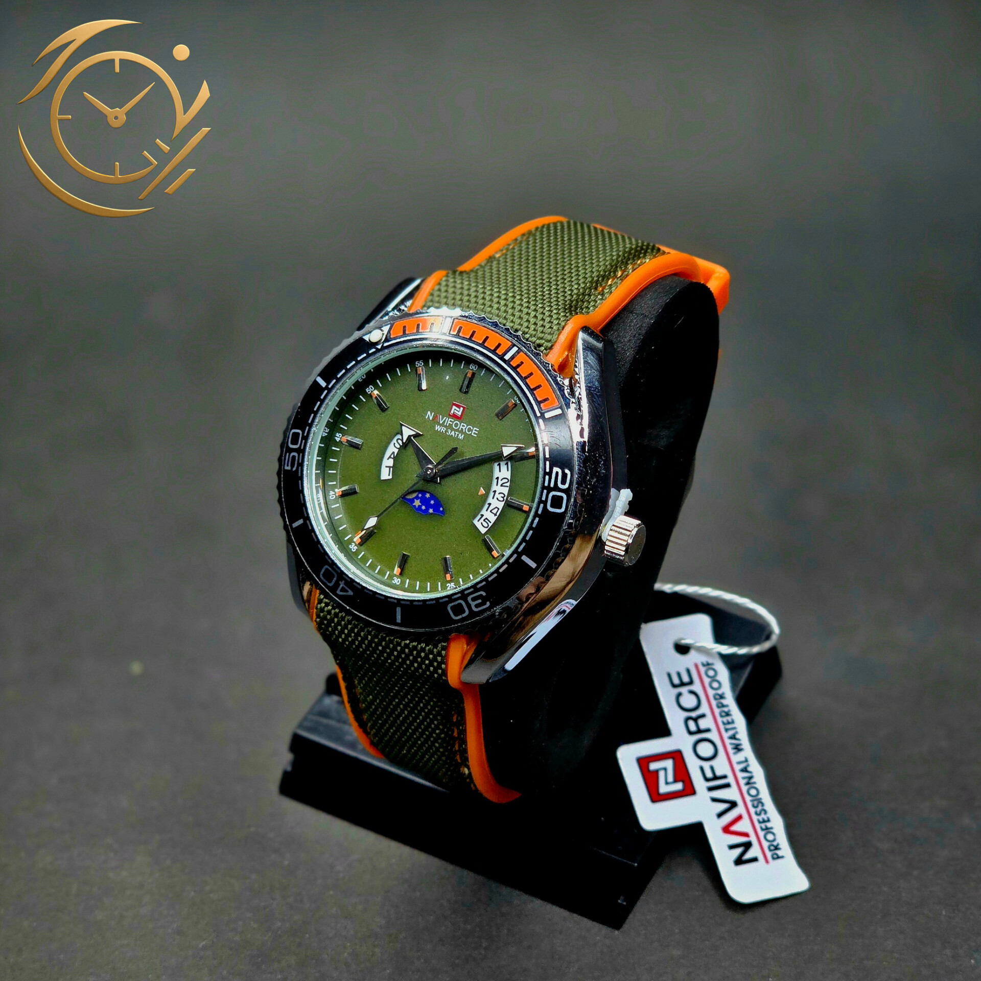 ساعت مچی مردانه Naviforce مدل NF9724 | بند پلاستیکی نارنجی و برزنتی سبز، صفحه سبز، فول تایم و بزل گردان | اسپرت