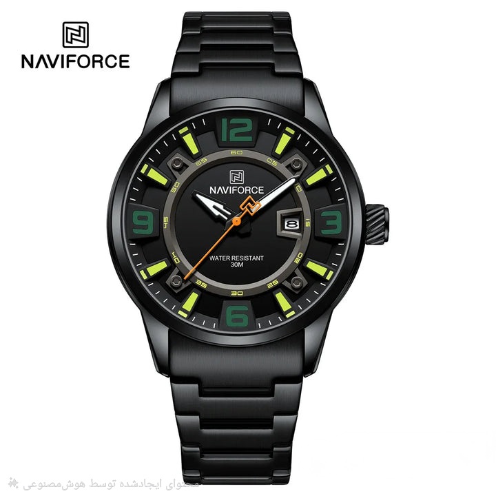 ساعت مچی مردانه Naviforce مدل NF8044 | بند فلزی مشکی، صفحه مشکی سبز | ترکیب اسپرت و کلاسیک