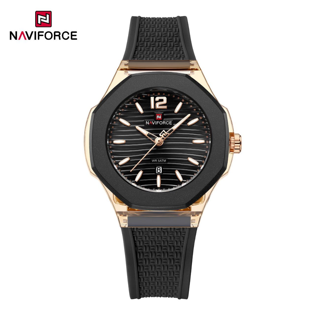 ساعت مچی زنانه Naviforce مدل NF6109 | بند سیلیکونی مشکی، صفحه مشکی، قاب رزگلد| اسپرت