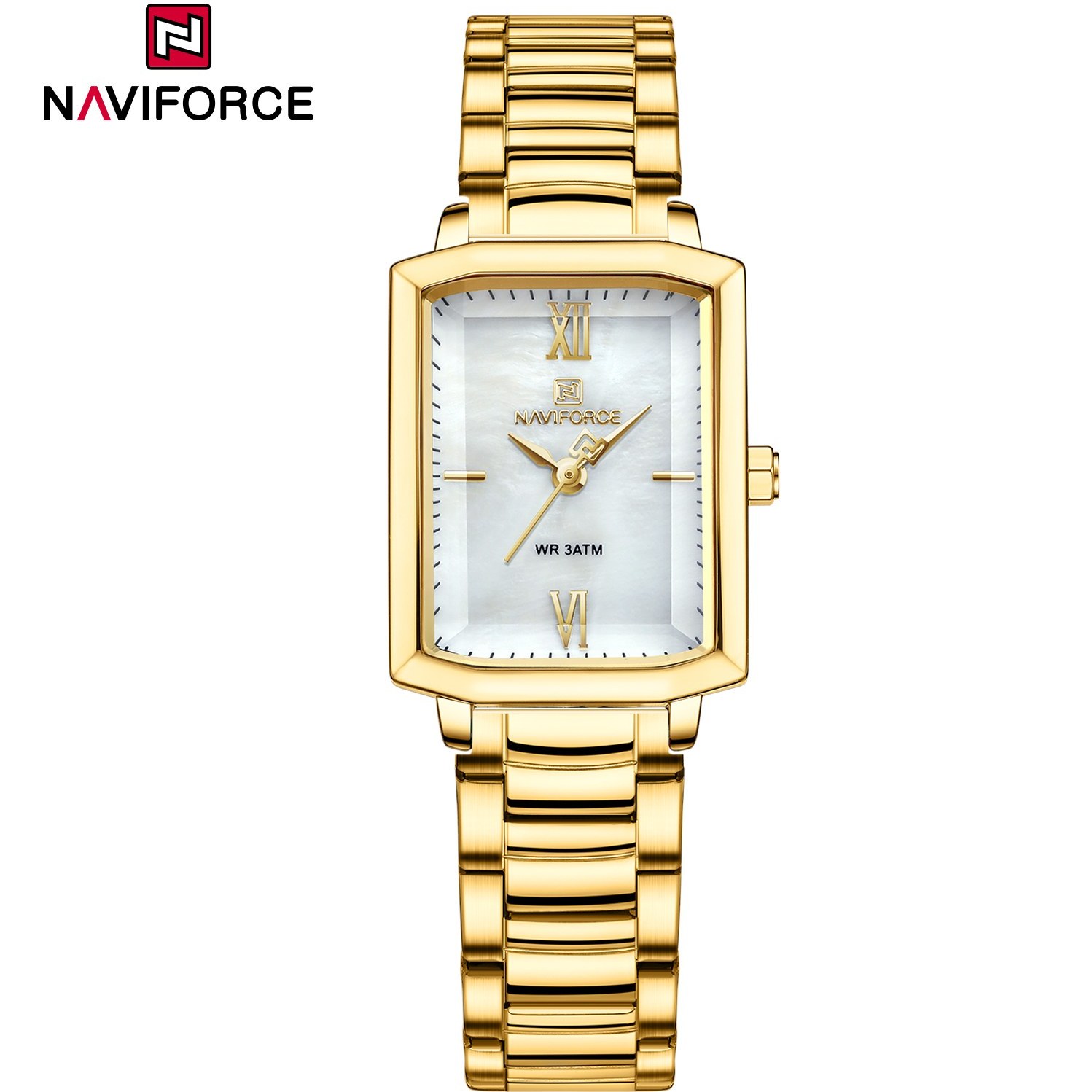 ساعت مچی زنانه Naviforce مدل NF5039 | بند فلزی طلایی، صفحه سفید | کلاسیک و رسمی