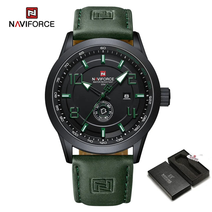 ساعت مچی مردانه Naviforce مدل NF9229 | بند چرمی سبز، صفحه مشکی | اسپرت و فول تایم