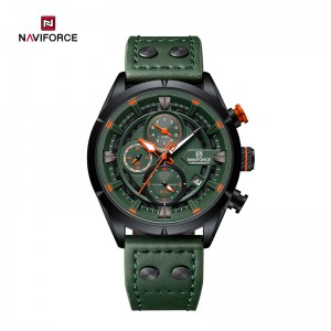 ساعت مچی مردانه Naviforce مدل NF8045 | بند چرمی سبز، صفحه سبز، قاب مشکی | اسپرت و کورنوگراف