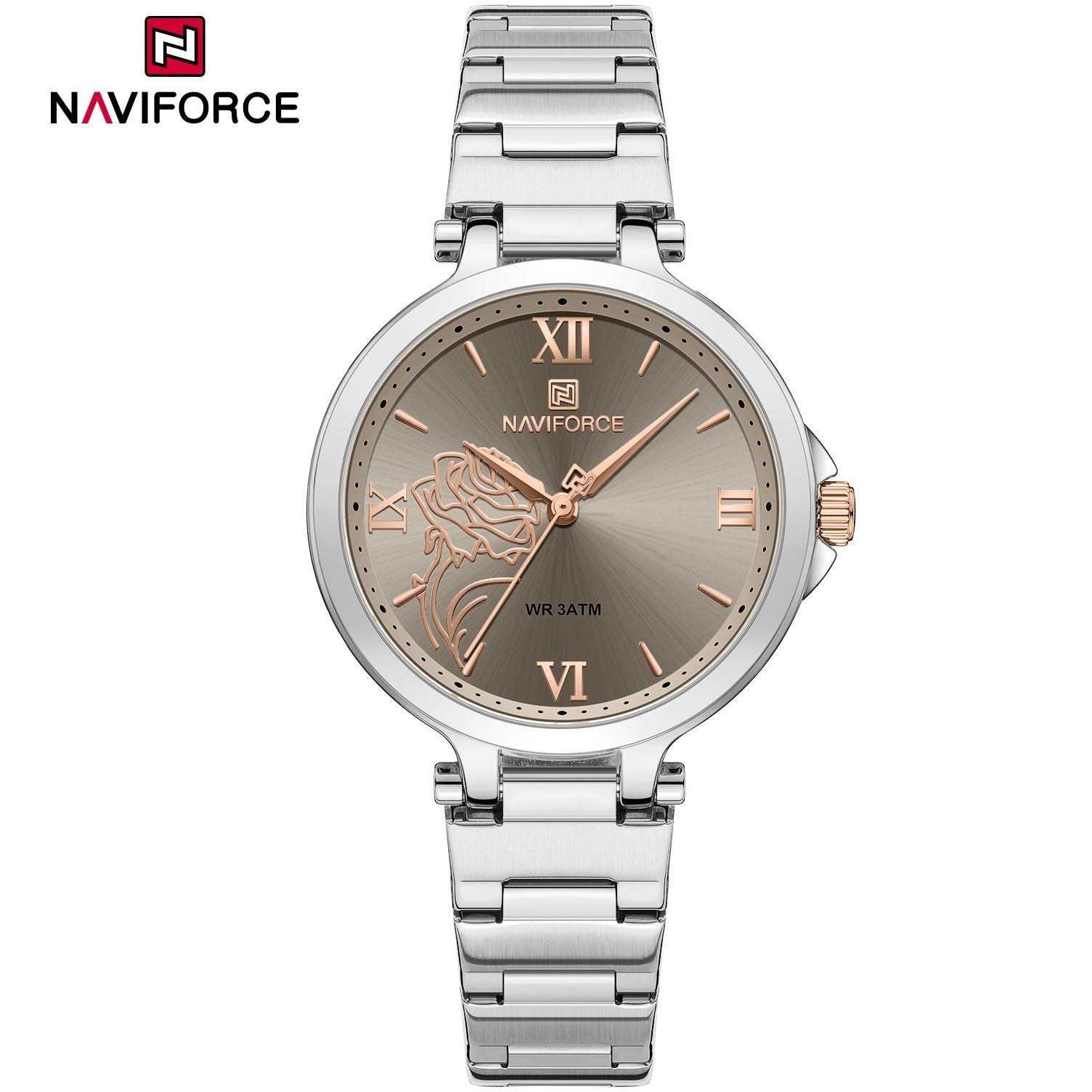 ساعت مچی زنانه Naviforce مدل NF5060 | بند فلزی نقره ای، صفحه طوسی| رسمی