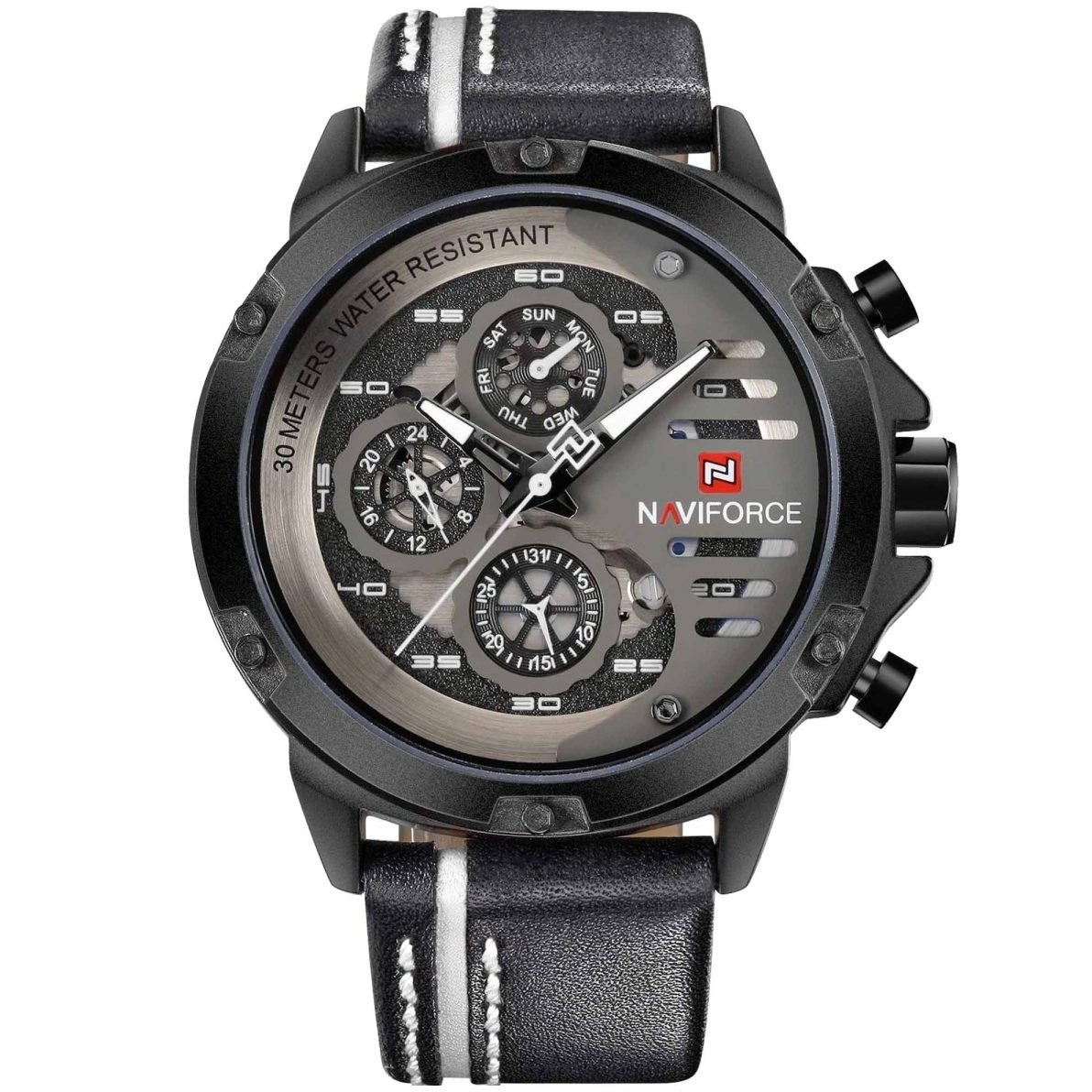 ساعت مچی مردانه Naviforce مدل NF9110 | بند چرمی مشکی، صفحه مشکی، فول تایم