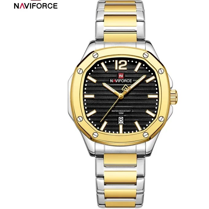 ساعت مچی مردانه Naviforce مدل NF9243 | بند استیل نقره ای طلایی، صفحه مربعی مشکی | کلاسیک و رسمی