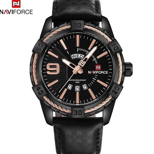ساعت مچی مردانه Naviforce مدل NF9117 | بند چرمی مشکی، صفحه مشکی رزگلد، نمایش روز هفته و تاریخ