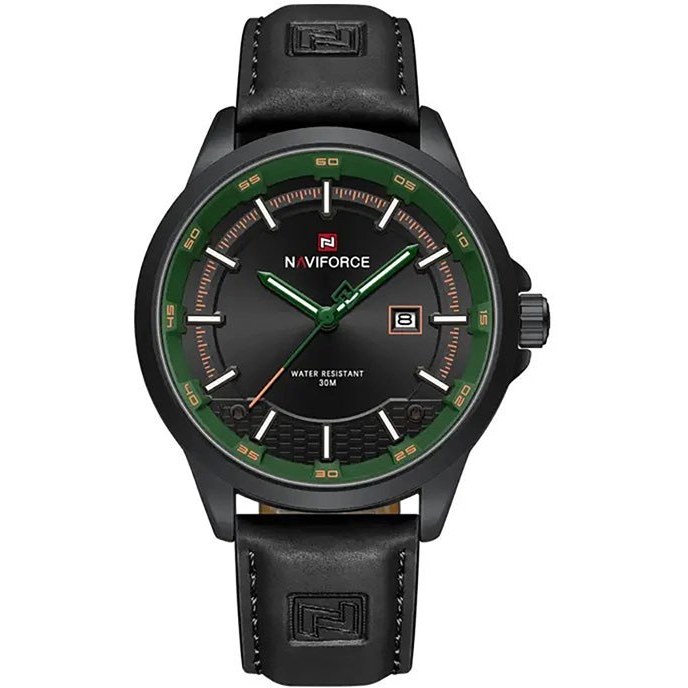 ساعت مچی مردانه Naviforce مدل NF9248 | بند چرمی مشکی، صفحه مشکی سبز | اسپرت و مقاوم