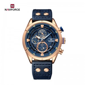 ساعت مچی مردانه Naviforce مدل NF8045 | بند چرمی آبی، صفحه آبی، قاب رزگلد | اسپرت و کورنوگراف
