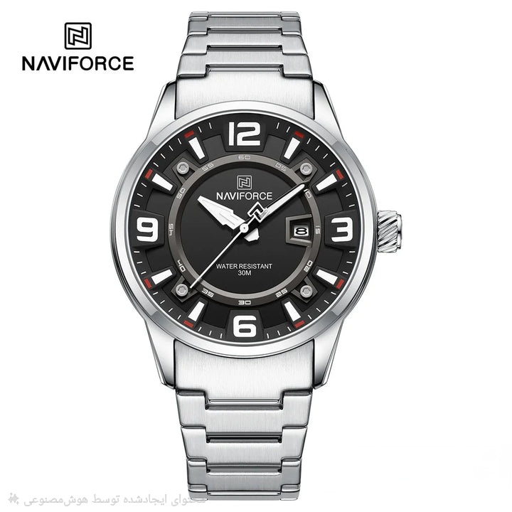 ساعت مچی مردانه Naviforce مدل NF8044 | بند فلزی نقره ای، صفحه مشکی | ترکیب اسپرت و کلاسیک