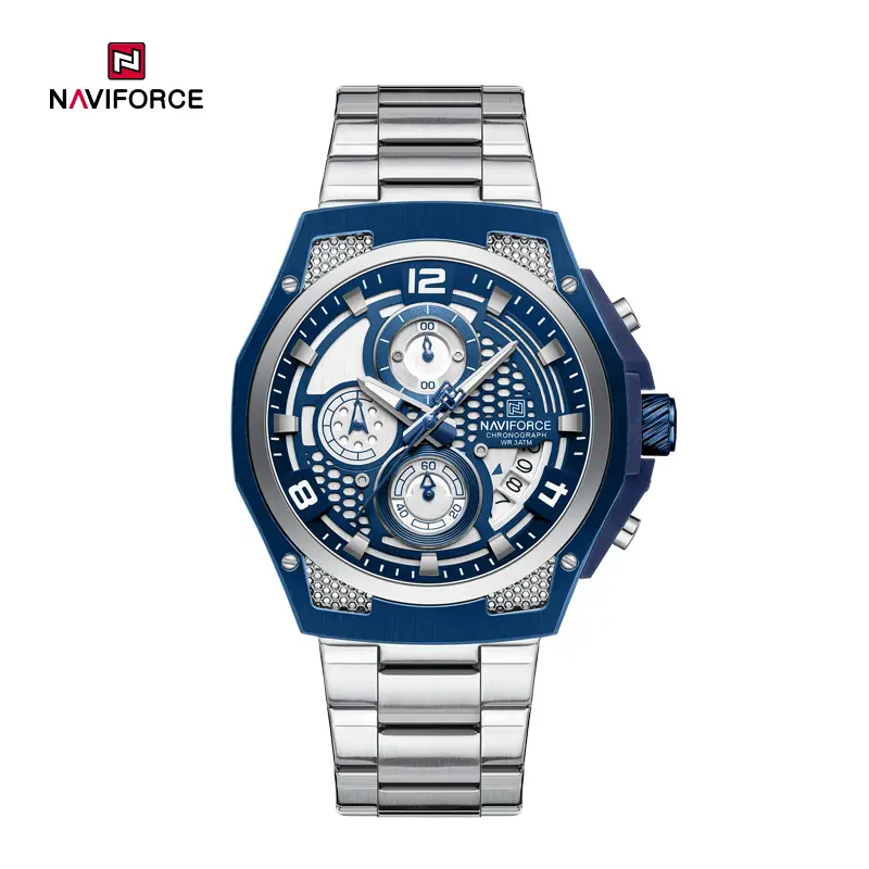 ساعت مچی مردانه Naviforce مدل NF8051 | بند استیل نقره ای، صفحه آبی، کرونوگراف