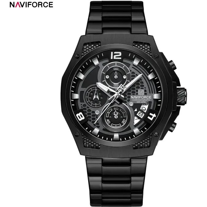 ساعت مچی مردانه Naviforce مدل NF8051 | بند مشکی، صفحه مشکی، کرونوگراف
