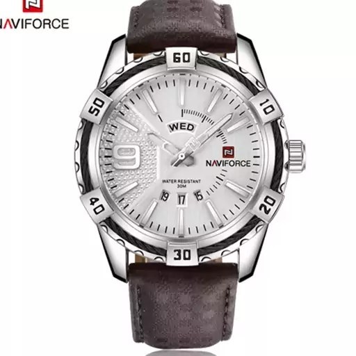 ساعت مچی مردانه Naviforce مدل NF9117 | بند چرمی قهوه ای تیره، صفحه سفید، نمایش روز هفته و تاریخ