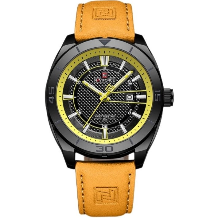 ساعت مچی مردانه Naviforce مدل NF9209 | بند چرمی زرد، صفحه زرد مشکی |اسپرت