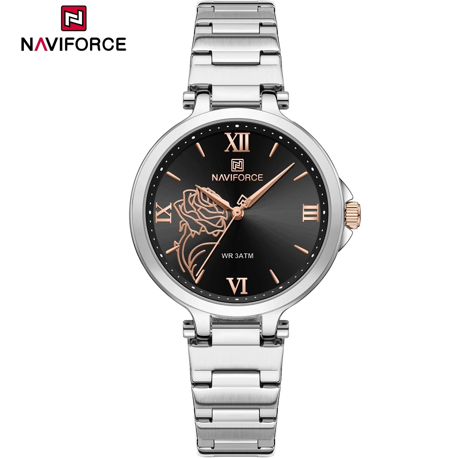 ساعت مچی زنانه Naviforce مدل NF5060 | بند فلزی نقره ای، صفحه مشکی| رسمی