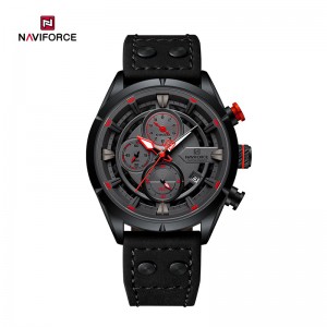 ساعت مچی مردانه Naviforce مدل NF8045 | بند چرمی مشکی، صفحه مشکی، قاب مشکی | اسپرت و کورنوگراف