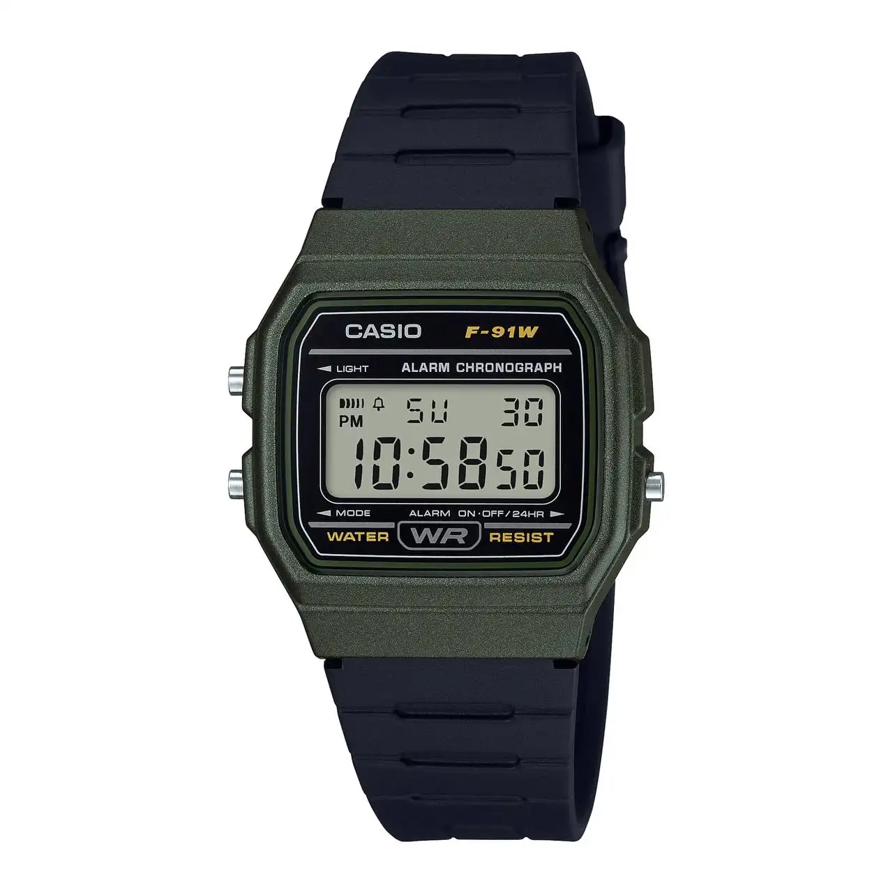 ساعت مچی Casio مدل F-91WM-3A | بند رزینی مشکی، قاب سبز متالیک | دیجیتال و کلاسیک