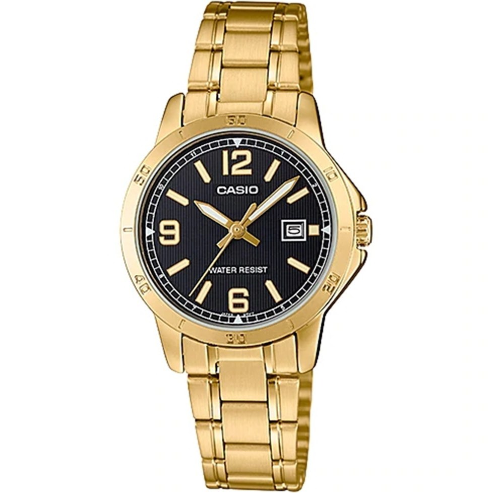 ساعت مچی زنانه کاسیو Casio MTP-V004G-1B | بند استیل طلایی، صفحه مشکی کلاسیک و رسمی