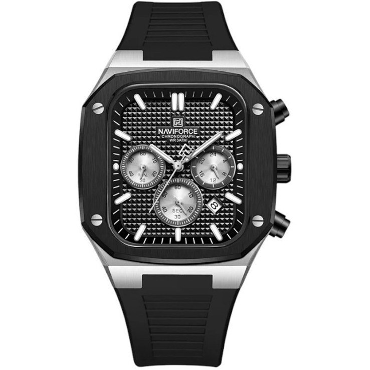 ساعت مچی مردانه Naviforce مدل NF8037 | بند سیلیکونی مشکی، صفحه مشکی، قاب نقره ای،فول تایم | اسپرت
