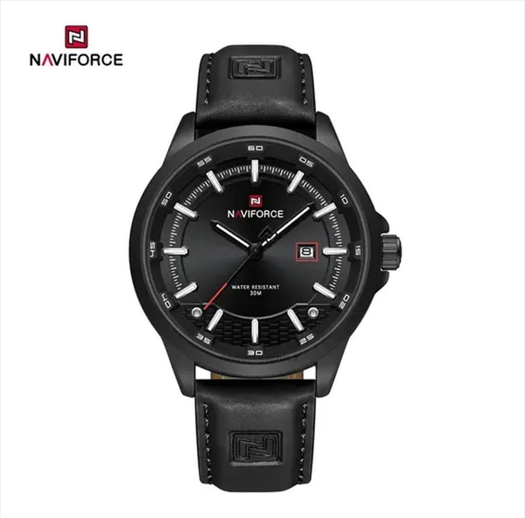 ساعت مچی مردانه Naviforce مدل NF9248 | بند چرمی مشکی، صفحه مشکی | اسپرت و مقاوم