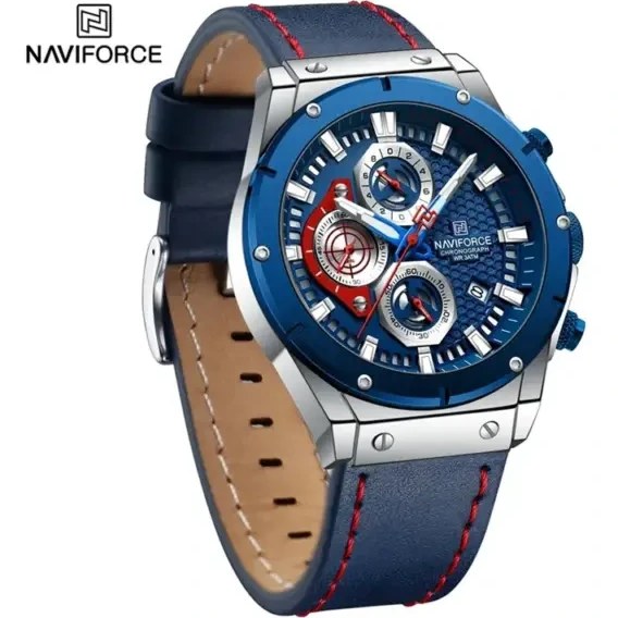ساعت مچی مردانه Naviforce مدل NF8027 | بند چرم آبی، صفحه آبی، کرونوگراف
