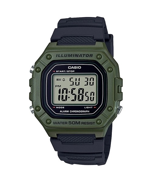 ساعت مچی Casio مدل W-218H-3AV | بند رزینی مشکی، قاب سبز ارتشی، دیجیتال | اسپرت و مقاوم