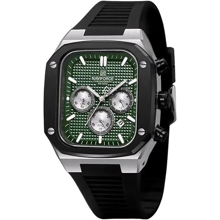 ساعت مچی مردانه Naviforce مدل NF8037 | بند سیلیکونی مشکی، صفحه سبز، قاب نقره ای،فول تایم | اسپرت