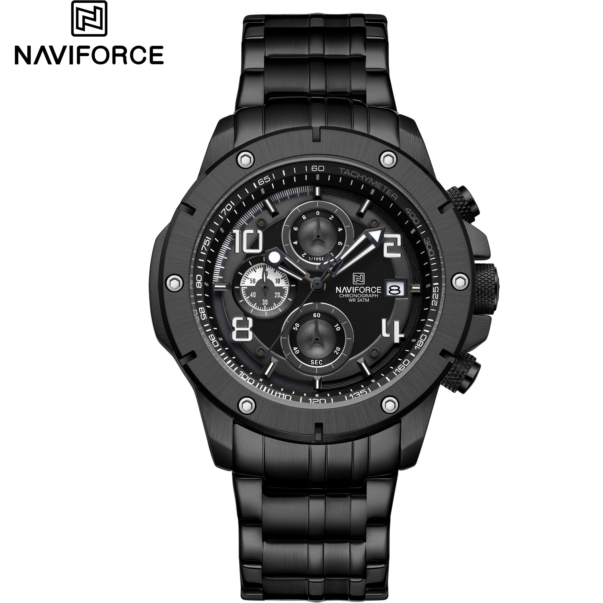 ساعت مچی مردانه Naviforce مدل NF8056 | بند استیل مشکی، صفحه مشکی، کرنوگراف | اسپرت