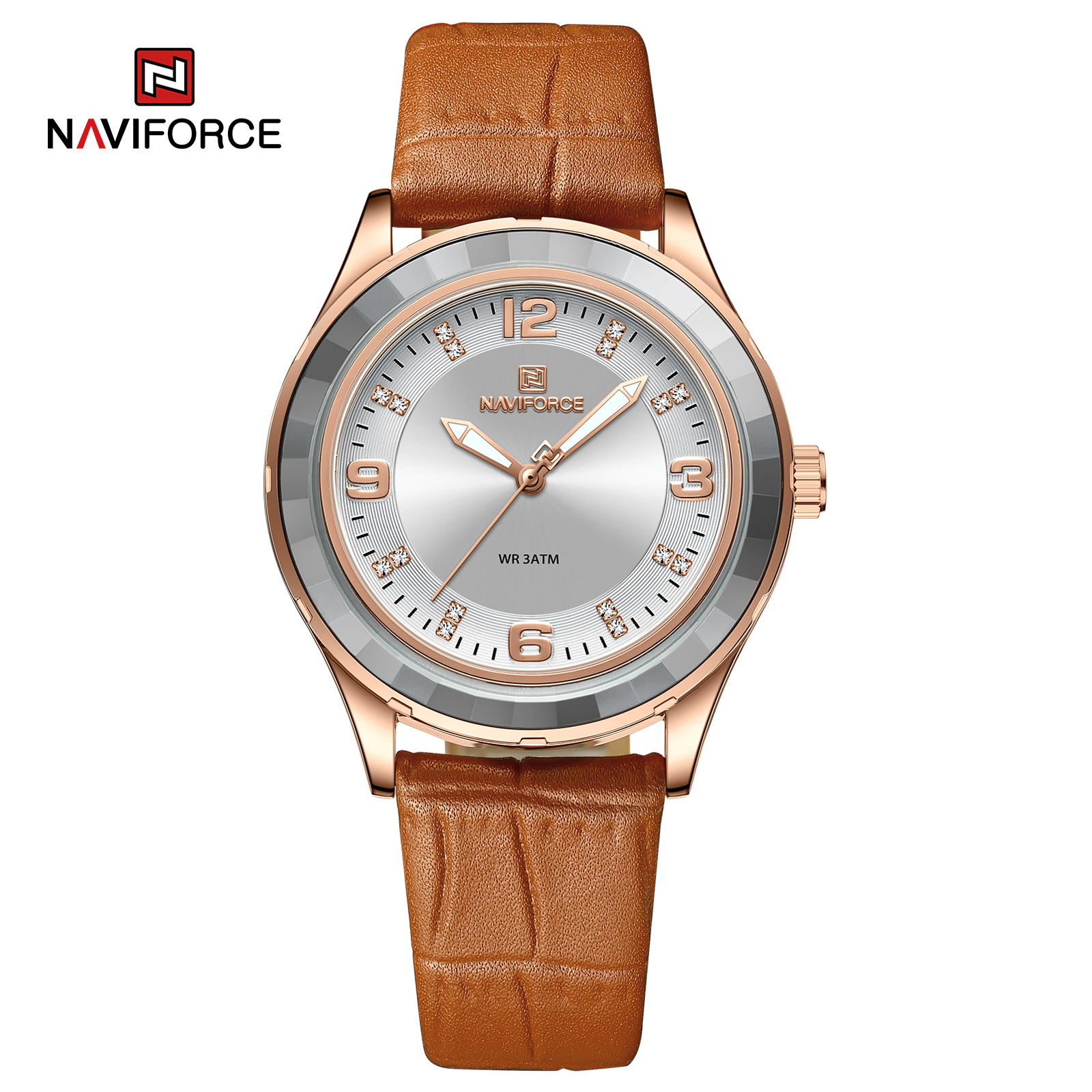 ساعت مچی زنانه Naviforce مدل NF5040 | بند چرمی قهوه ای، صفحه سفید