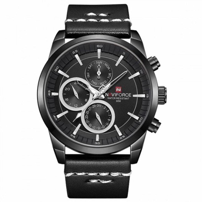 ساعت مچی مردانه Naviforce مدل NF9148 | بند چرمی مشکی، صفحه مشکی، فول تایم