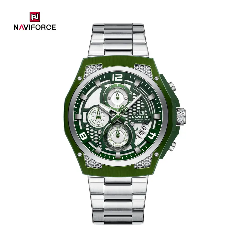 ساعت مچی مردانه Naviforce مدل NF8051 | بند استیل نقره ای، صفحه سبز، کرونوگراف